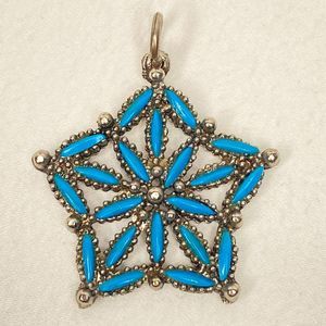💎Blue Marquise Stone Star Pendant Necklace Burnished Silver Tone Vintage